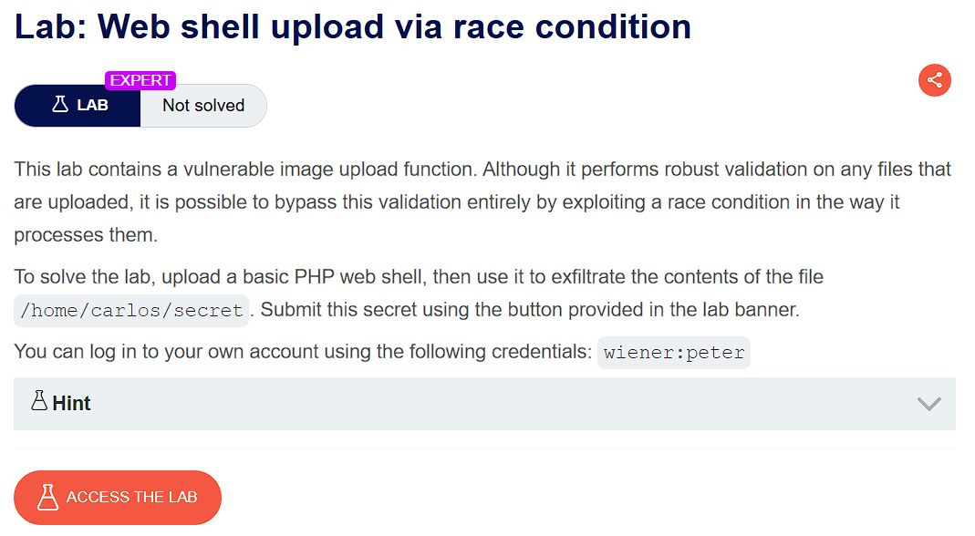 PortSwigger lab banner showing race condition in file upload validation