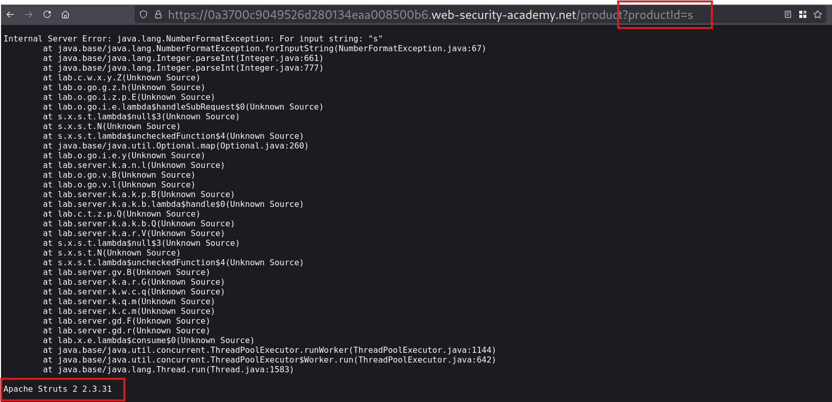 Product listing page screenshot with the productid query parameter set to s
