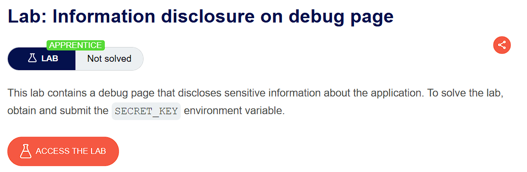 PortSwigger lab description page for Information Disclosure via Debug Page