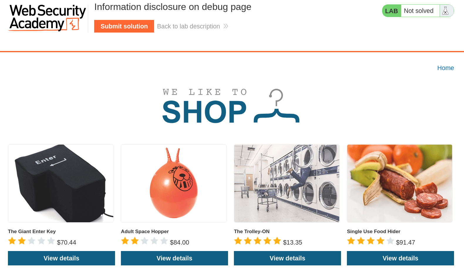 Lab instance showing Shopping website interface