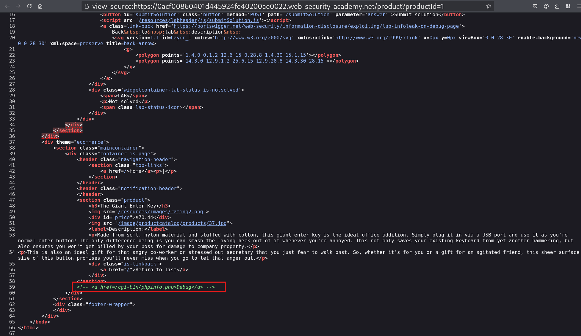 Browser view of Source code of lab instance