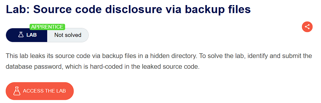 PortSwigger lab description page for Source Code Disclosure via Backup Files