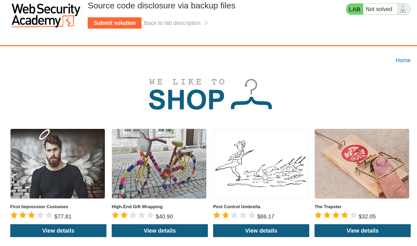 Lab instance showing Shopping website interface
