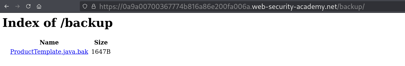 Directory listing screenshot of the exposed /backup/ endpoint