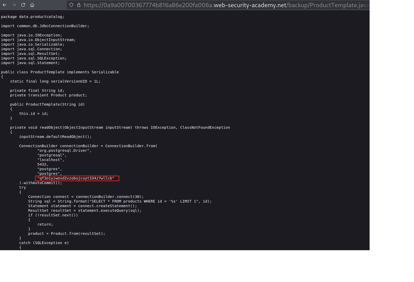 Source code view screenshot showing hardcoded database credentials in plaintext