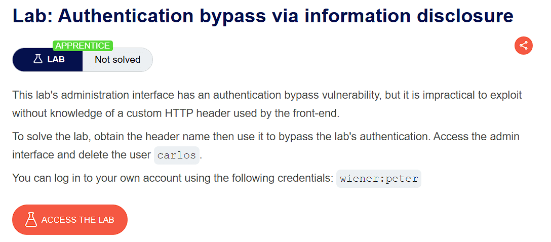 PortSwigger lab description page for Auth Bypass via Info Disclosure