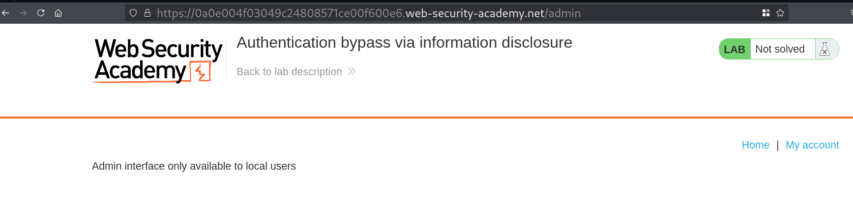 Screenshot showing attempted /admin page access restricted to local requests before adding custom headers
