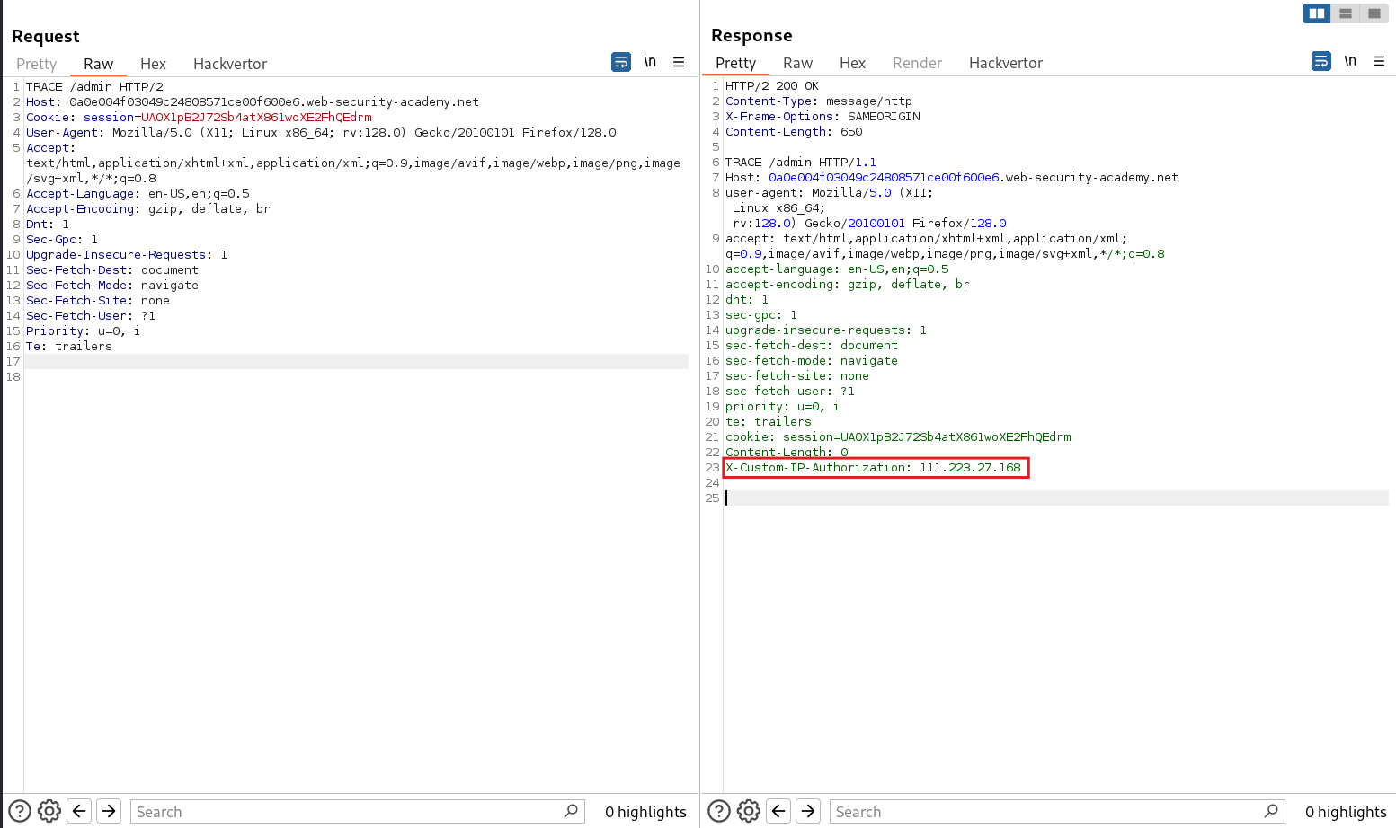Screenshot showing TRACE request response echoing internal authentication header X-Custom-IP-Authorization