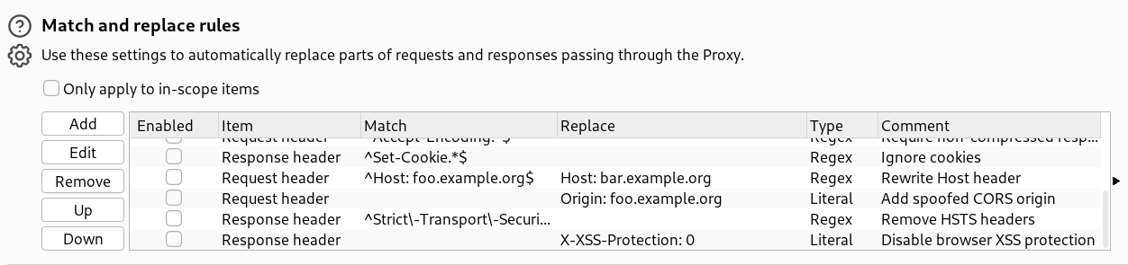Screenshot of BurpSuite Proxy settings showing match-and-replace rule section