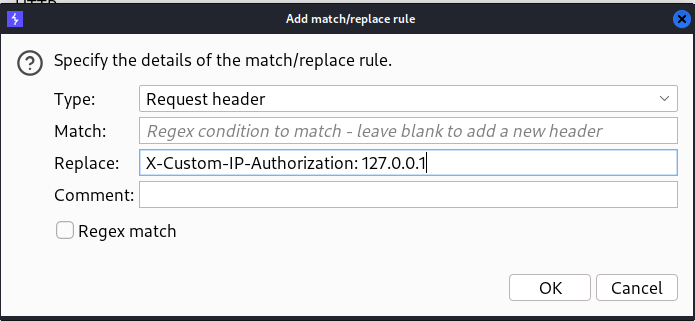 Screenshot of new match-and-replace rule for automatically adding X-Custom-IP-Authorization header to all requests
