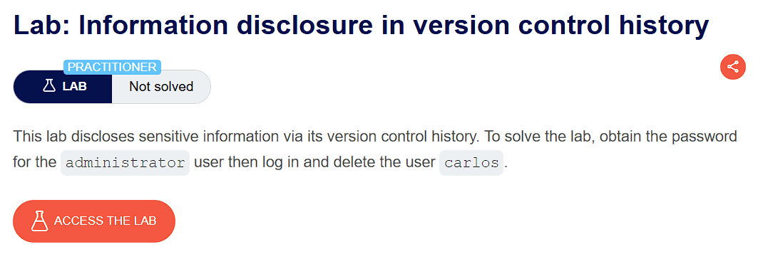 PortSwigger lab description page for Info Disclosure via Git