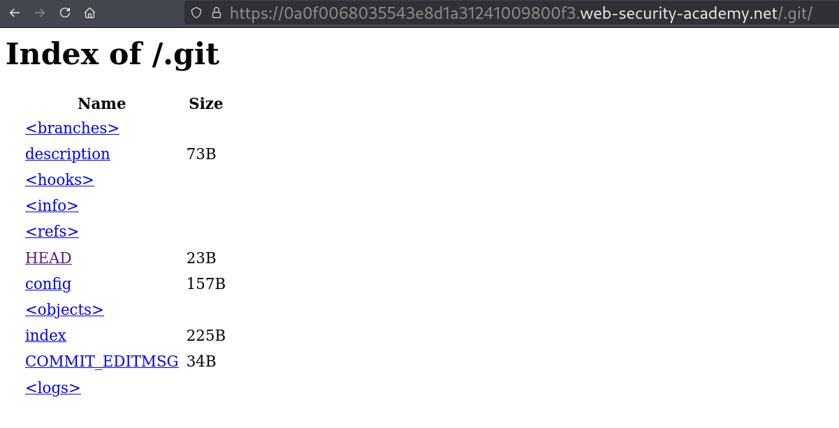 Screenshot of the /.git/ directory accessible in the browser