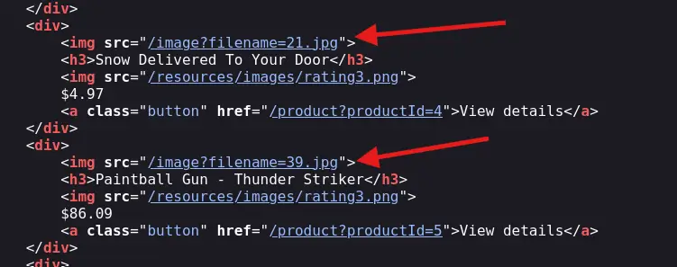 HTML source code revealing vulnerable image loading endpoin