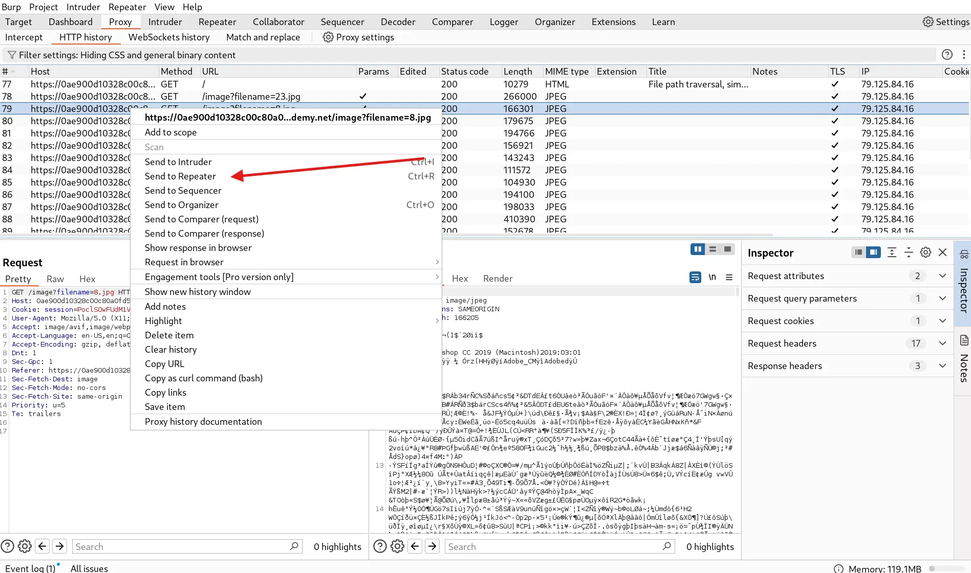 Sending image request to Repeater Tab in BurpSuite