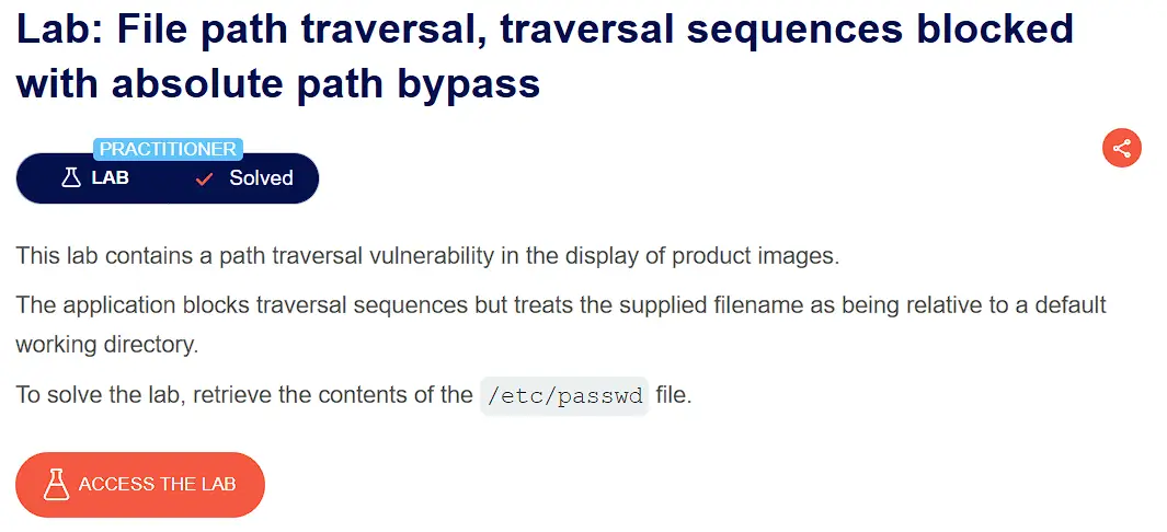 PortSwigger lab description page for Path Traversal – Absolute Path Bypass