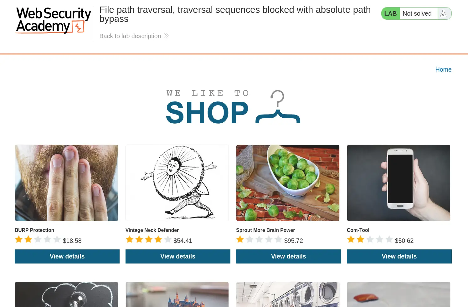 Path Traversal lab instance showing vulnerable shopping site