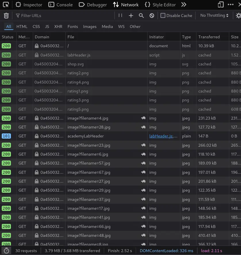 Developer tools showing image requests in the network tab