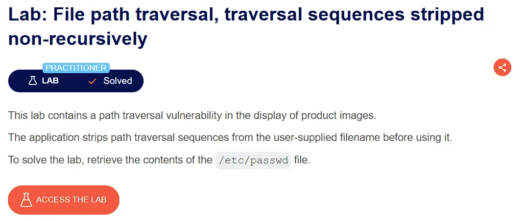 PortSwigger lab description page for Path Traversal – Non-Recursive Traversal Sequences