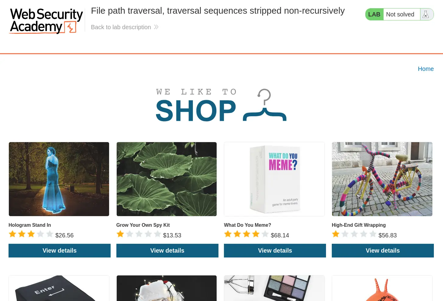 Path Traversal lab instance showing vulnerable shopping site
