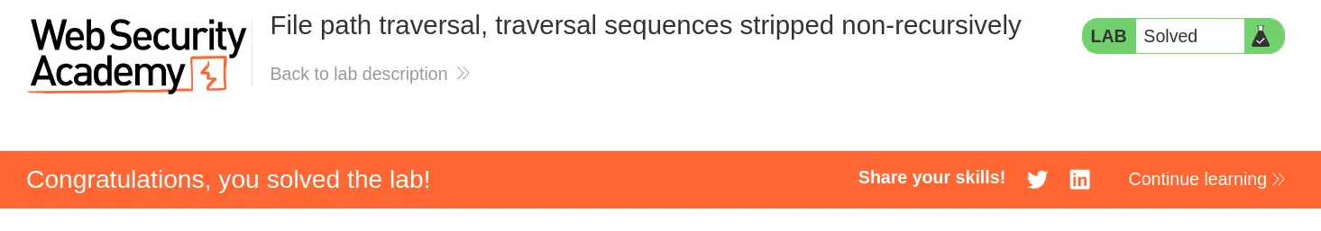 PortSwigger Lab Solved screen after successful non-recursive traversal bypass