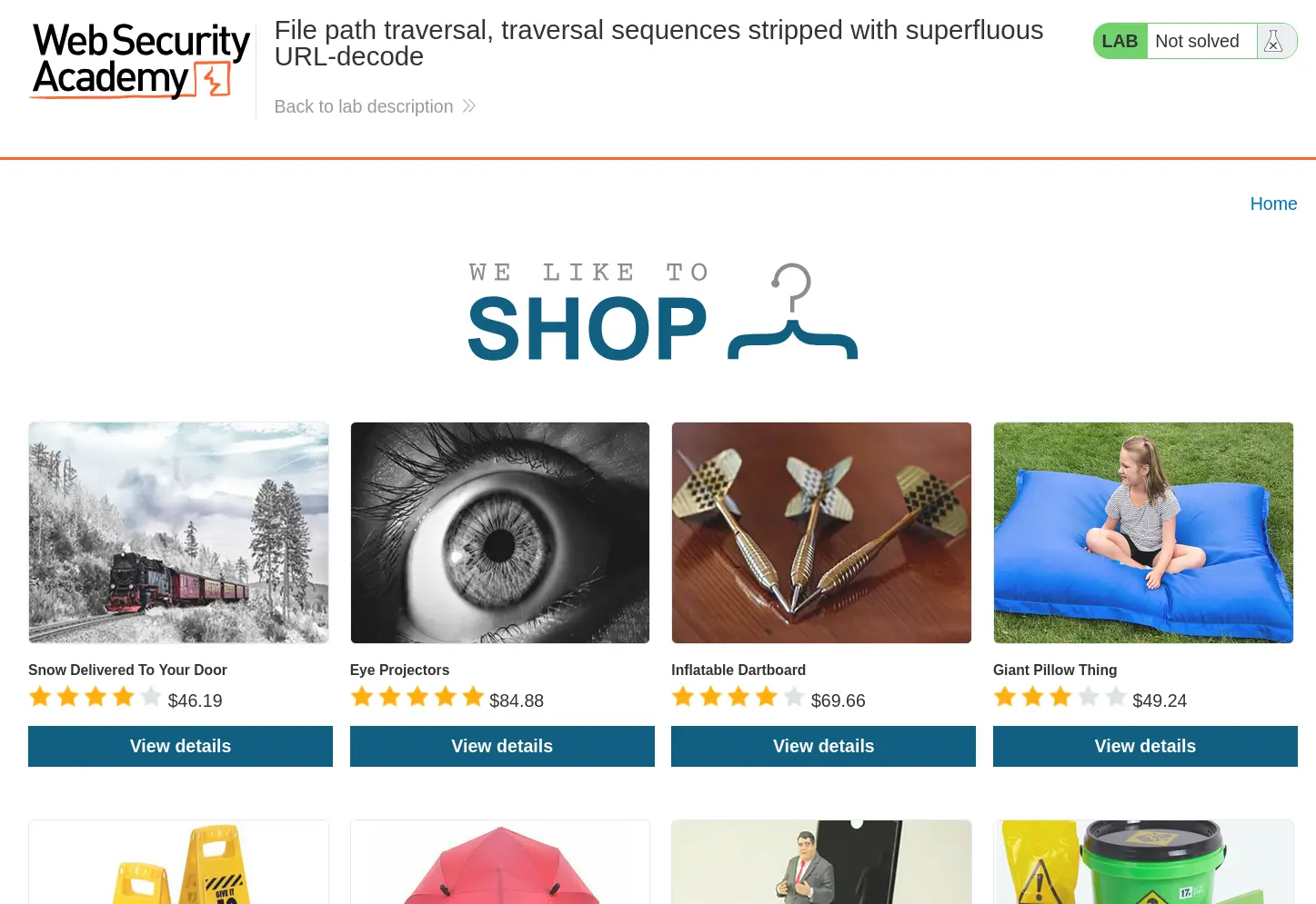 Path Traversal lab instance showing vulnerable shopping site