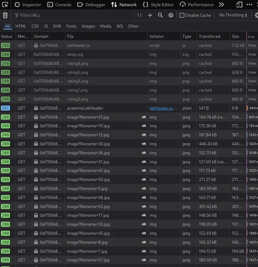 Developer tools showing image requests in the network tab