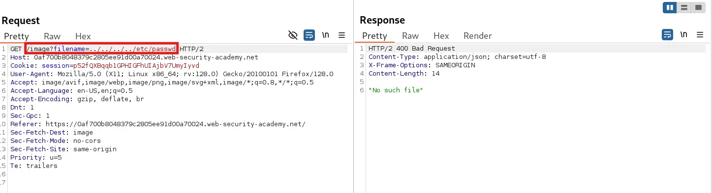 Failed path traversal attempt using ../ payload in BurpSuite