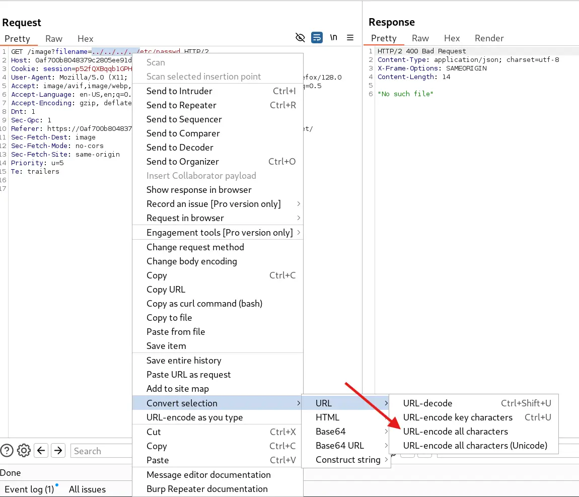 BurpSuite context menu for URL encoding selected payload
