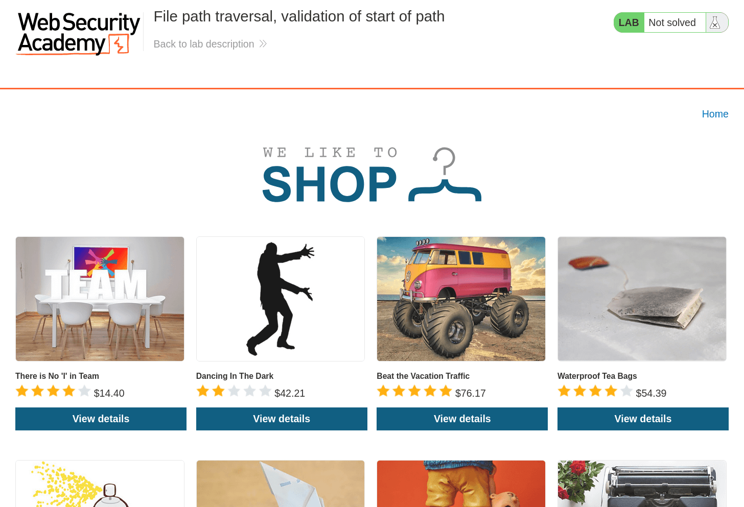 Path Traversal lab instance showing vulnerable shopping site