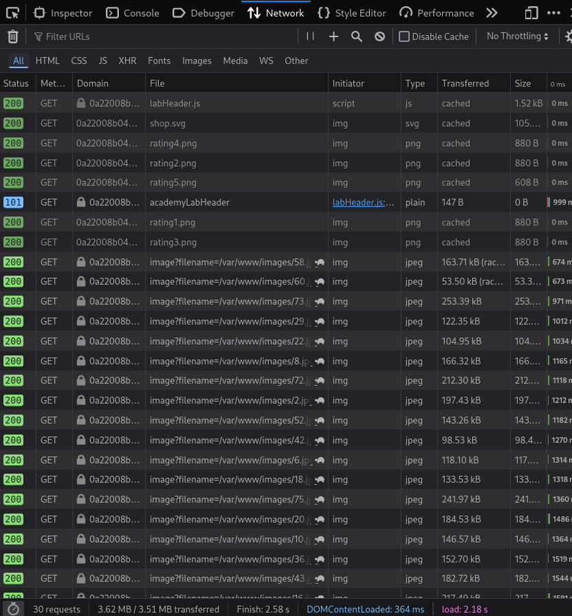 Developer tools showing image requests in the network tab
