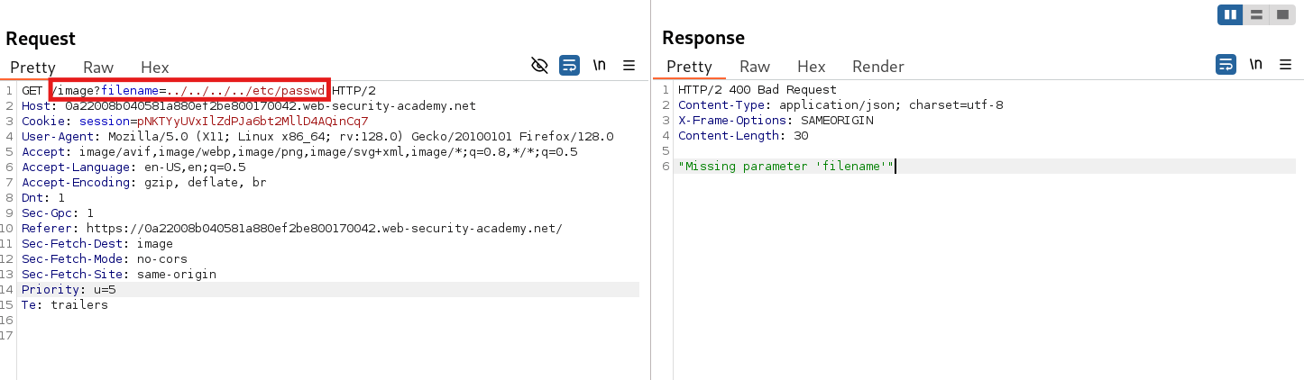 Failed path traversal attempt using ../ payload in BurpSuite