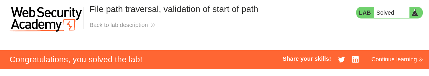 PortSwigger lab solved banner after bypassing start-of-path validation