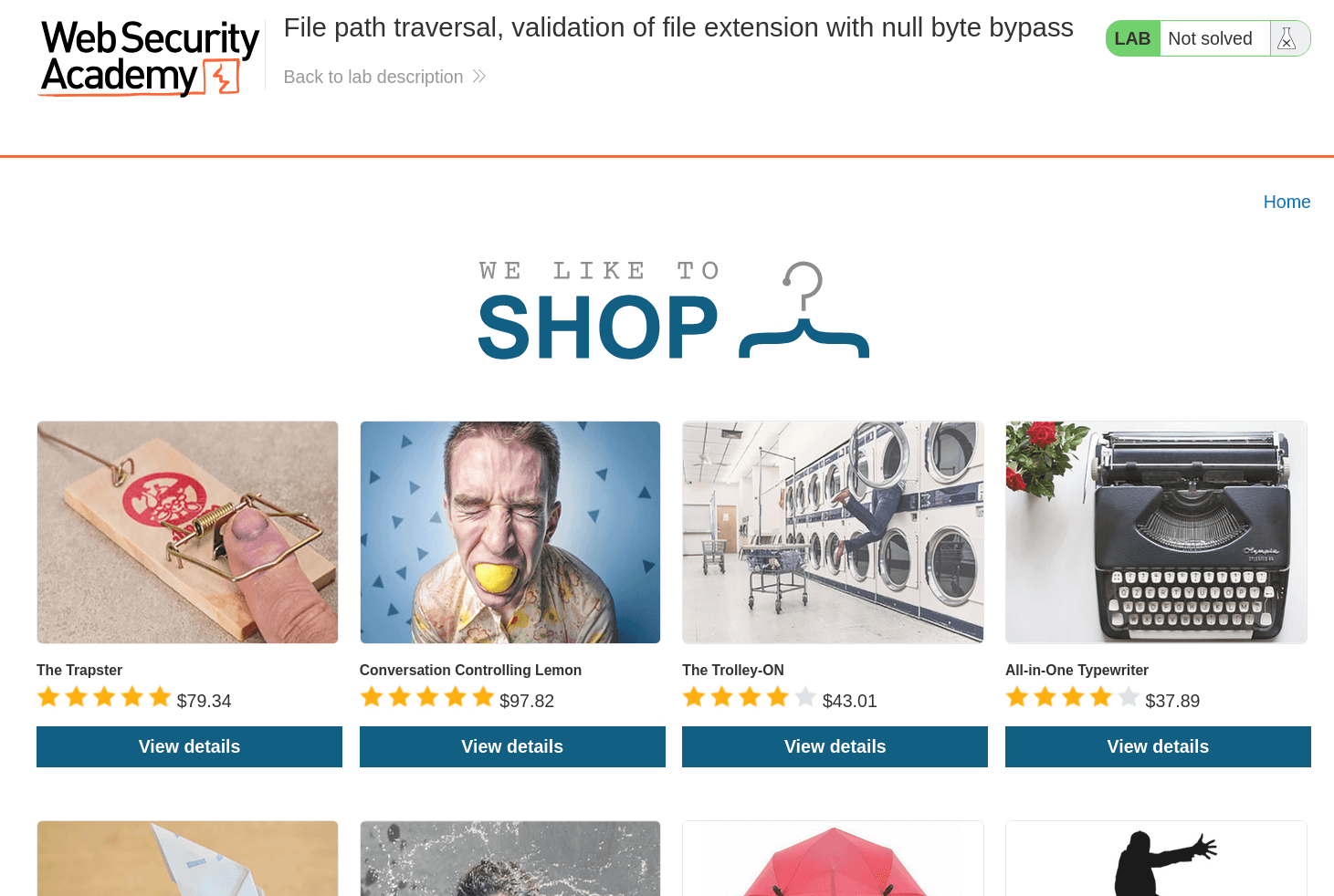 Path Traversal lab instance showing vulnerable shopping site