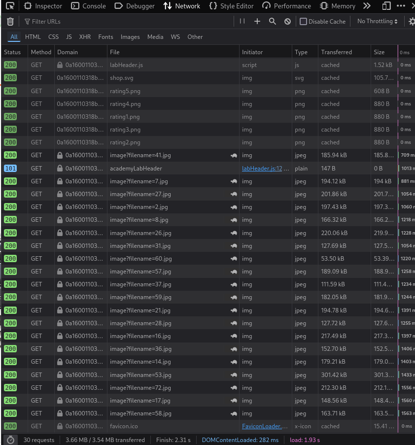 Developer tools showing image requests in the network tab