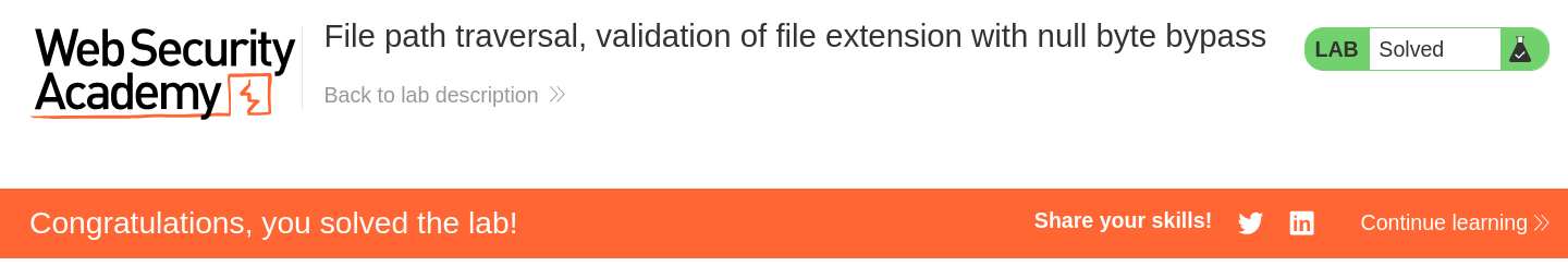 PortSwigger Lab solved confirmation after bypassing file extension check using null byte
