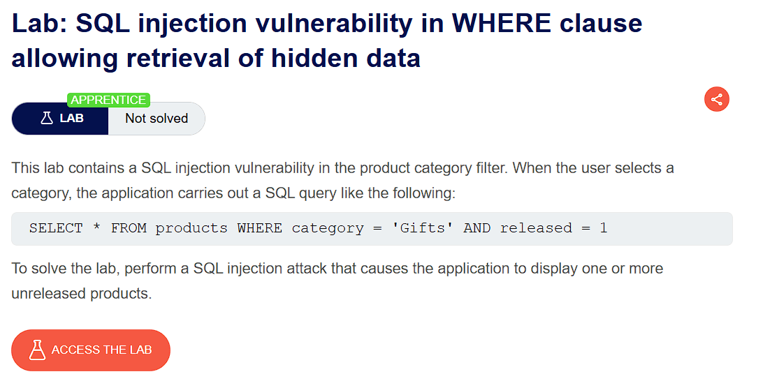 PortSwigger lab description page for SQL Injection – Exploitng WHERE clause
