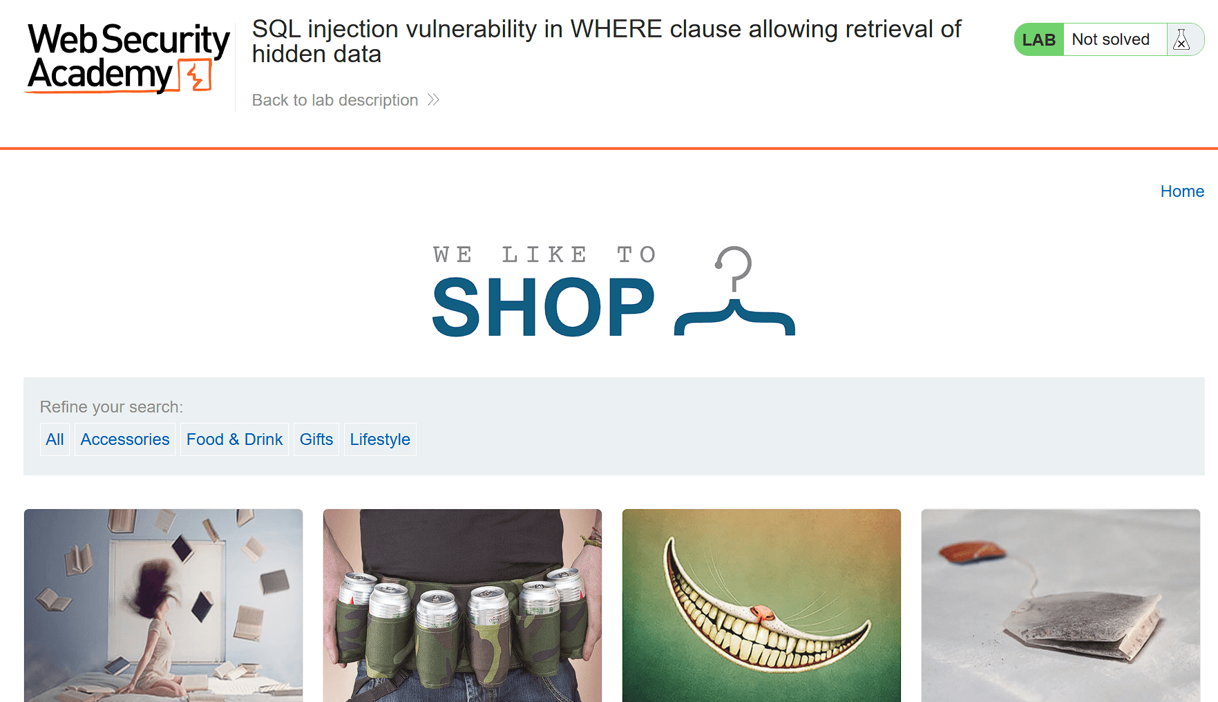 SQLi lab instance showing vulnerable shopping site