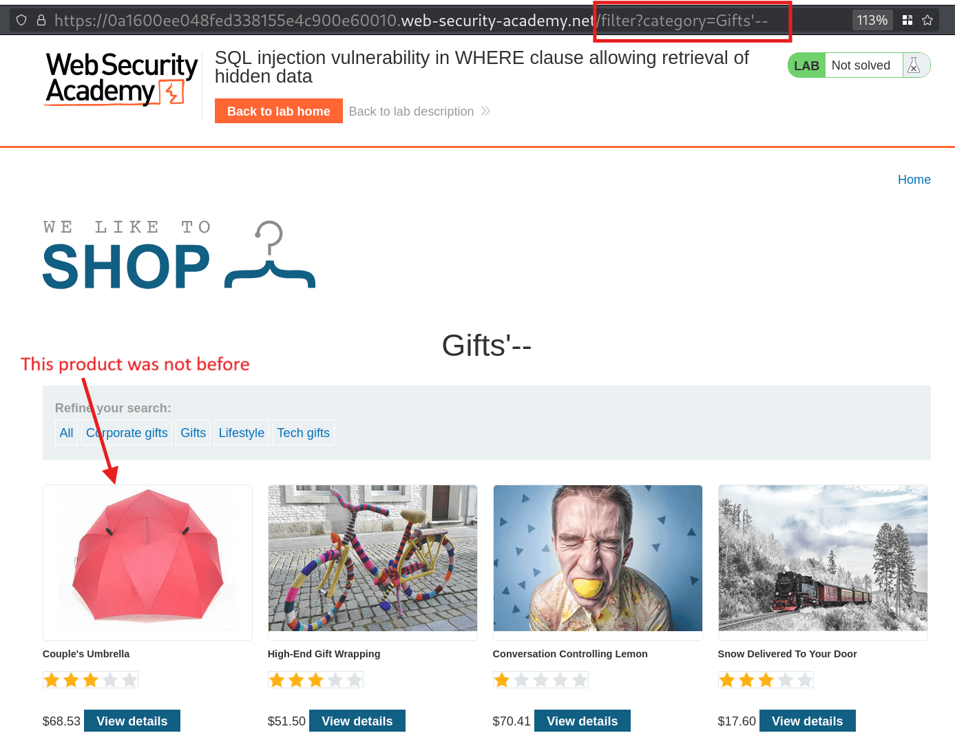 Products displayed after injecting Gifts'-- showing unreleased gifts but lab not solved