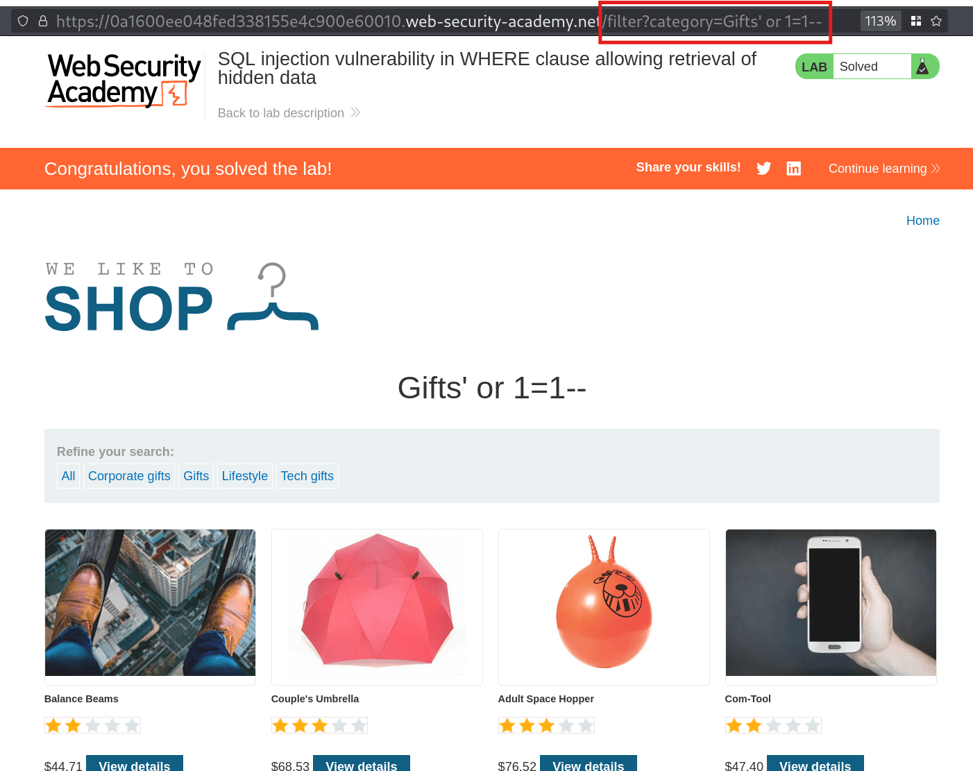 Full list of hidden and released products shown after injecting Gifts' or 1=1--, solving the lab