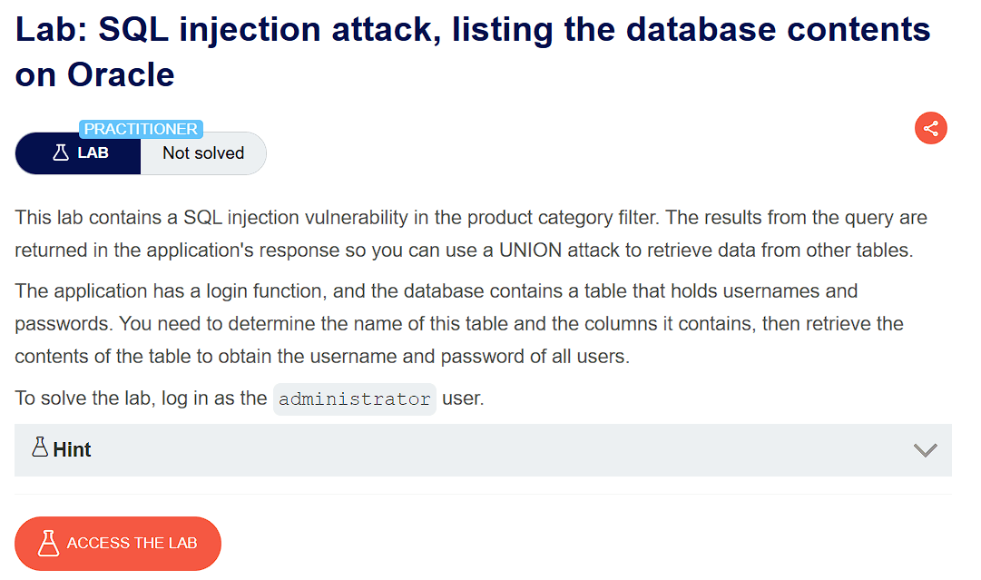 Lab introduction showing SQL injection on Oracle database PortSwigger lab