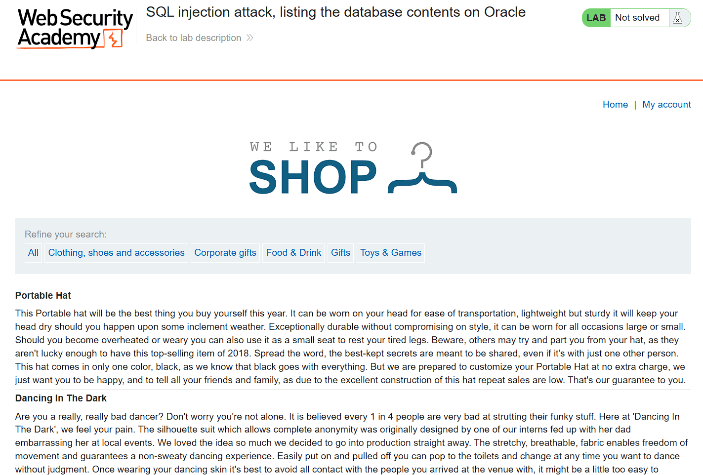 Homepage displaying product categories vulnerable to SQL injection