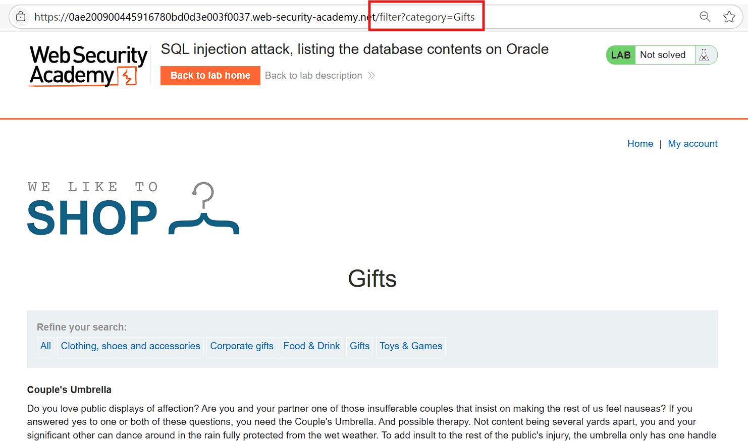 Filter request with vulnerable category parameter visible in URL