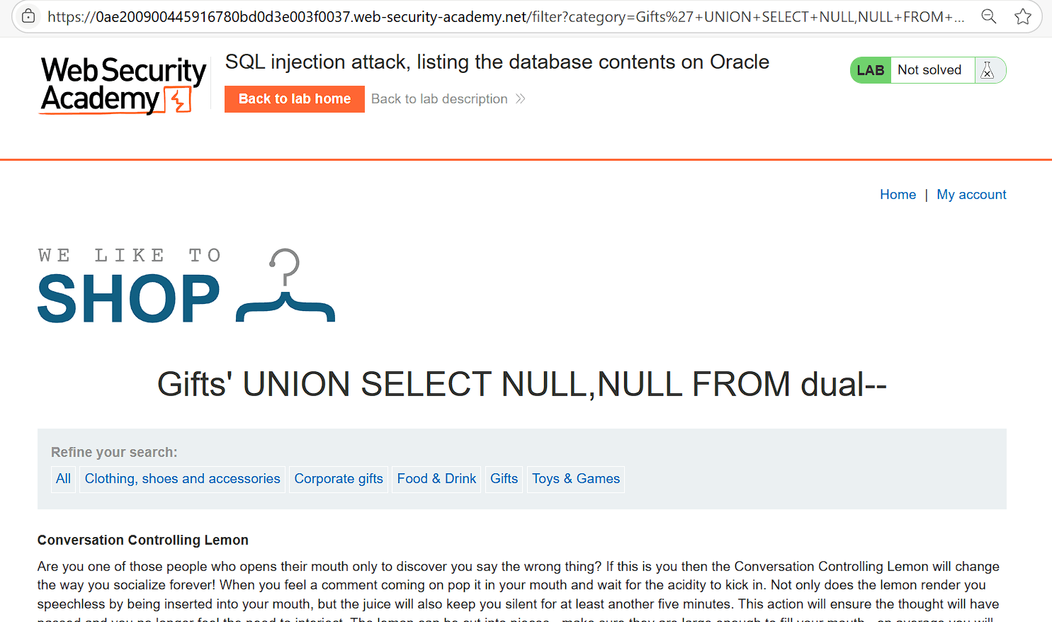 Query output confirming two columns available for SQL injection on Oracle database