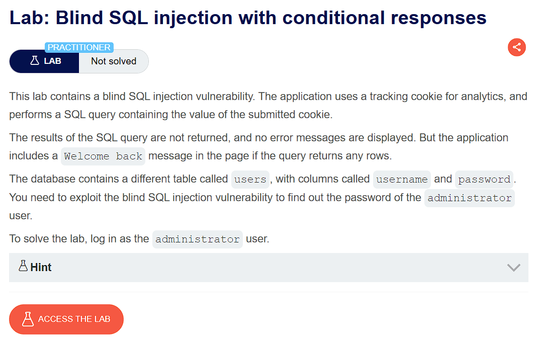 Blind SQL Injection lab landing page showing lab details and objective
